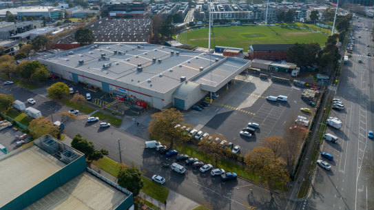 North Port Oval with the Australia Post warehouse in the foreground that was just bought by the City of Port Phillip.