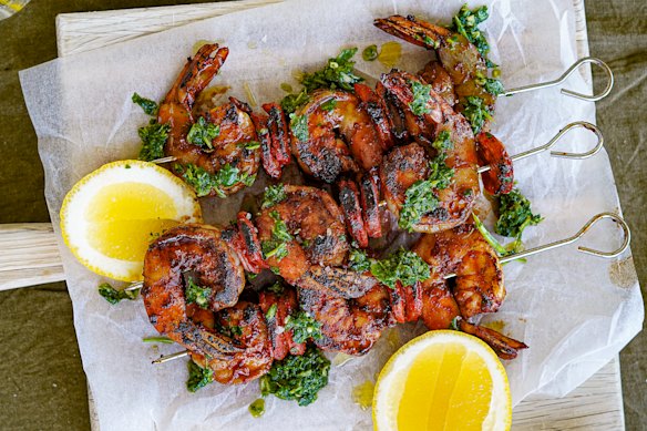 Prawn and chorizo skewers with quick mojo verde.
