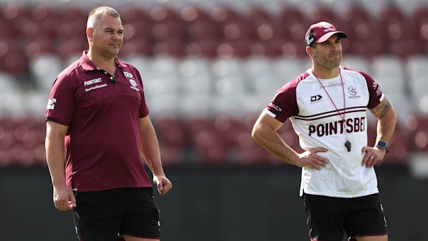Anthony Seibold and Michael Ennis at Manly training.