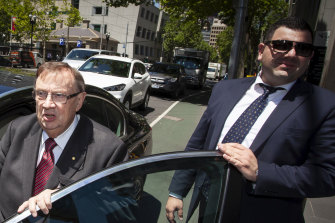 Harold Mitchell leaves the Federal Court in Melbourne. Mr Mitchell has not testified during the trial.