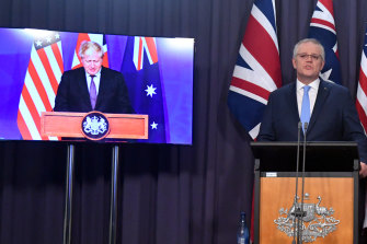Scott Morrison with British PM Boris Johnson via video link at the announcement of the AUKUS pact in September.
