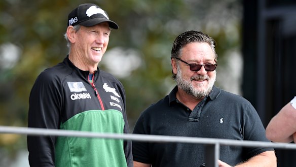 Wayne Bennett with Russell Crowe at Redfern on Tuesday morning.