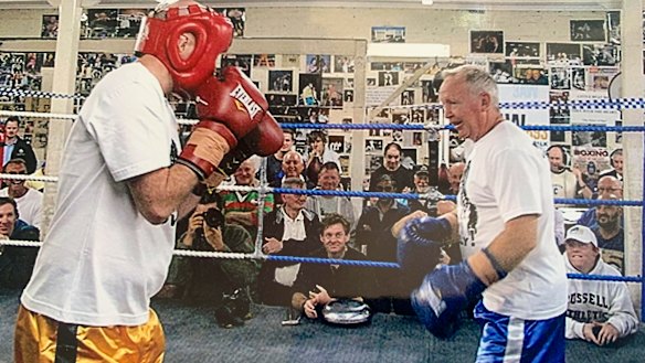The boxer and the idiot. John Silvester (left) goes three rounds with Barry Michael.
