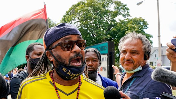 Justin Blake, uncle of Jacob Blake, outside the Grace Lutheran Church before Democratic presidential candidate former vice-president Joe Biden spoke.