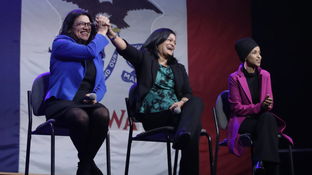 From left: Demoracts Rashida Tlaib, Pramila Jayapal and Ilhan Omar participate in a panel during a campaign event for  Bernie Sanders in Clive, Iowa, on Friday.