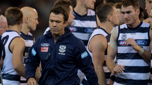 If looks could kill: Cats coach Chris Scott is appalled with his side's "very, very poor performance" against Essendon.