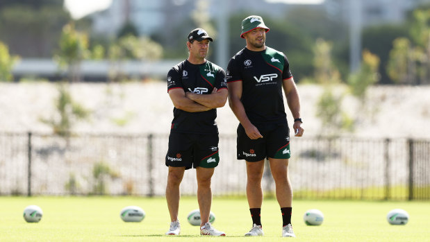 Jason Demetriou and Sam Burgess at training … before it all went wrong last season.