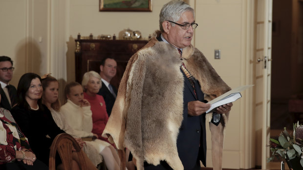 Minister for Indigenous Australians Ken Wyatt wore a booka to the swearing-in ceremony at Government House.