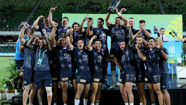 The Cowboys celebrate their NRL Nines success in Perth last month.