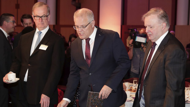 US Ambassador to Australia Arthur B. Culvahouse jnr, Prime Minister Scott Morrison and Opposition Leader Anthony Albanese at Parliament House in October.