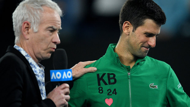 Novak Djokovic wells up over the death of his friend NBA superstar Kobe Bryant in an interview with John McEnroe after his quarter-final win.