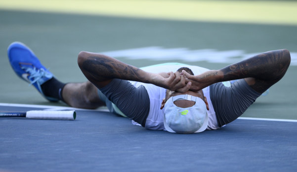 Nick Kyrgios, pictured celebrating his Washington title last year, is still recovering from a knee injury.