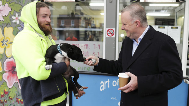 Opposition Leader Anthony Albanese meets Yass local Daniel Halloran and shakes paws with his dog Ripley.