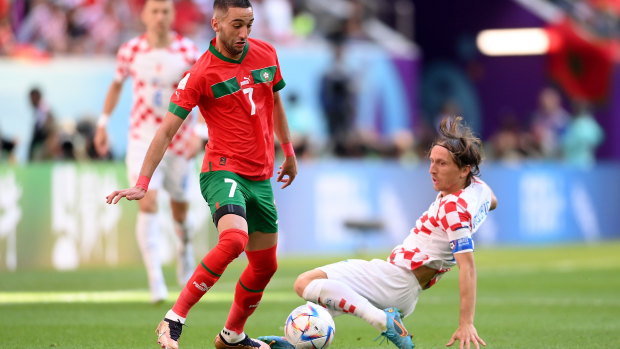 Hakim Ziyech of Morocco controls the ball against Croatia’s Luka Modric.