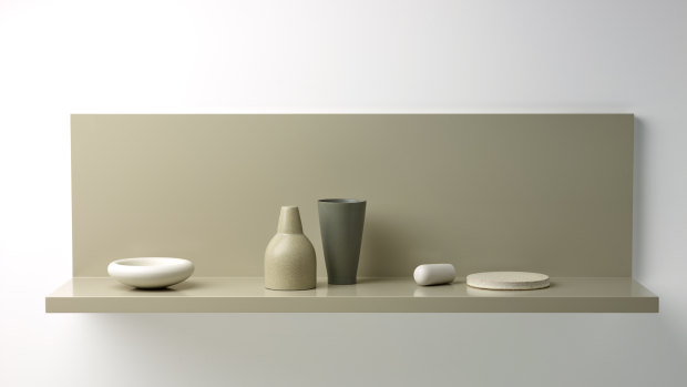 Kelly Austin - 'Stilled composition 29', stoneware with glaze, 38 x 120 x 32cm, five pieces with timber shelf.