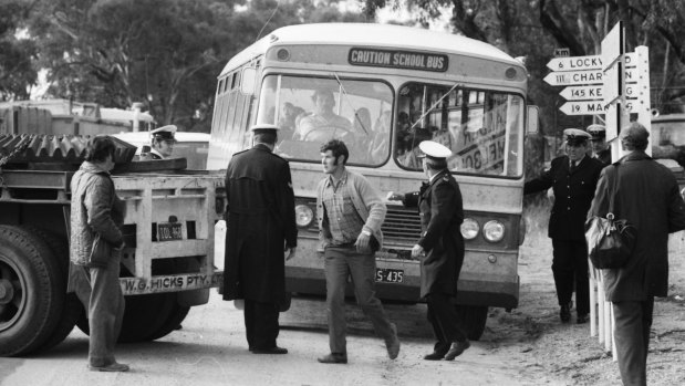 A school bus tries to navigate the blockade in Bendigo.