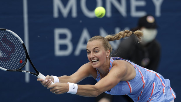 Kvitova battles to land a return during her victory in Prague.