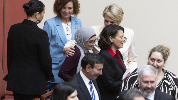 Senator Fatima Payman and Environment Minister Tanya Plibersek (partly obscured) at the swearing-in of Governor-General Sam Mostyn.