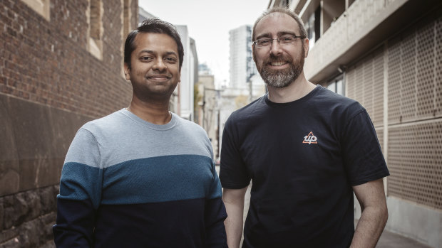 Up co-founder Dom Pym (L) and Transferwise head of banks Murali Akella.