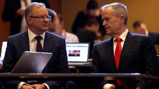 Federal Labor Leader, Anthony Albanese with former leader Bill Shorten, at the ALP conference in Sydney in March. 