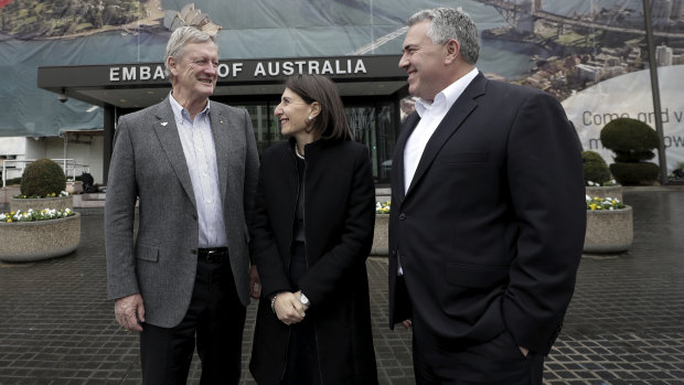 Gladys Berejiklian with Australians ambassador to the US Joe Hockey, right, and Qantas chair Leigh Clifford, left, in Washington DC earlier this year. 