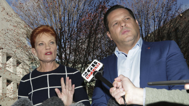 Senator Pauline Hanson with her WA colleague Peter Georgiou, who was face a challenge to keep his own job.