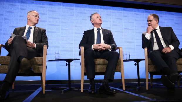 From left: News Corp Australasia executive chairman Michael Miller, Nine chief executive Hugh Marks and ABC managing director David Anderson.