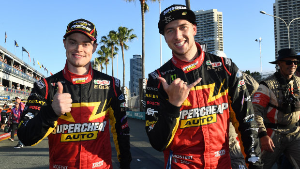 Thumbs up: Chaz Mostert, right, and James Moffat celebrate their first win since the corresponding race last year. 