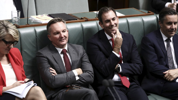 Labor finance spokesman Jim Chalmers (second from right) with Labor frontbenchers on Wednesday.