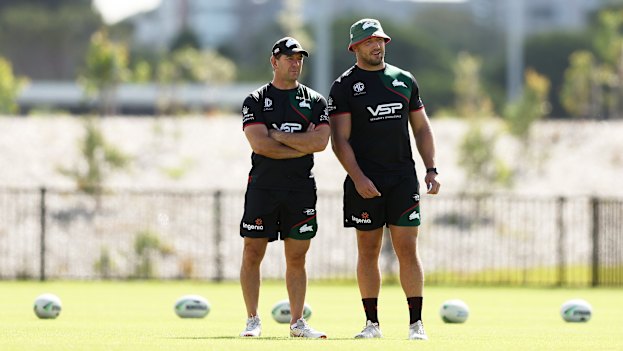 Jason Demetriou and Sam Burgess at training … before it all went wrong last season.