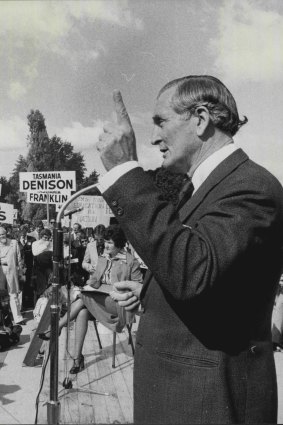 Minister for education Senator John Carrick addresses teachers at a rally at parliament house, 1976.