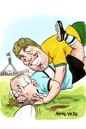 Ball and all ... Senator David Pocock crash tackled the former PM.