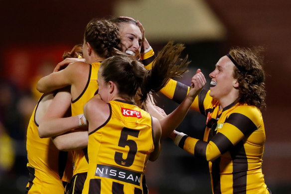 Aine McDonagh celebrates a goal with the Hawks in their win over West Coast.