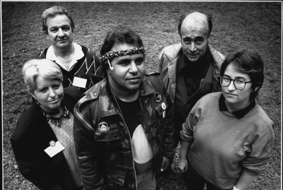 Clockwise from centre: Clarrie Isaacs, Betty Hounslow, Jack Mundey, Tom McDonald and Barbara Pocock of the New Left Party in 1989.