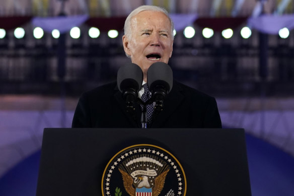 President Joe Biden delivers a speech marking the one-year anniversary of the Russian invasion of Ukraine in Warsaw.