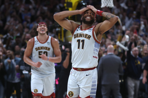 Denver’s Bruce Brown reactions after the win. 