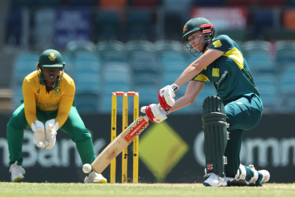 Tahlia McGrath plays a shot in Australia’s innings.