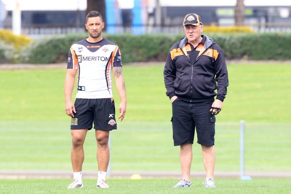 Back together: Benji Marshall and Tim Sheens at Tigers training in 2012.