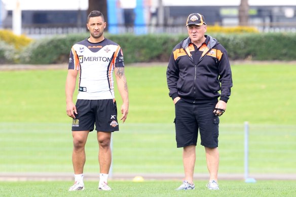 Back together: Benji Marshall and Tim Sheens at Tigers training in 2012.