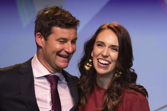 Jacinda Ardern is congratulated by her partner Clarke Gayford after she won a second term as New Zealand Prime Minister last year.