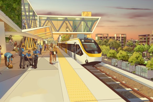 An artist’s impression of one of the stations along the Direct Sunshine Coast Rail Line. 