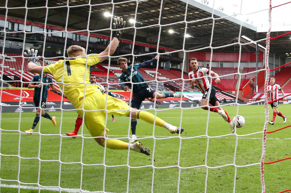 Patrick Bamford scores for Leeds against Sheffield United at Bramall Lane.