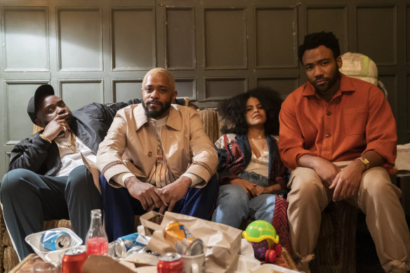 <i>Atlanta</i>’s third season brings the gang to Europe. From left: Brian Tyree Henry, LaKeith Stanfield, Zazie Beetz and Donald Glover.