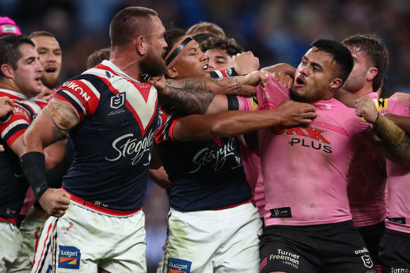 Jared Waerea-Hargreaves and Spencer Leniu go at it at Allianz Stadium.