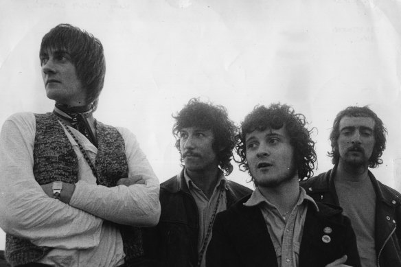 Blues, rock 'n' roll and progressive pop influenced band Fleetwood Mac, when their instrumental single 'Albatross' was topping the British charts. The line up, from left to right; Mick Fleetwood, Peter Green, Jeremy Spencer and John McVie.  
