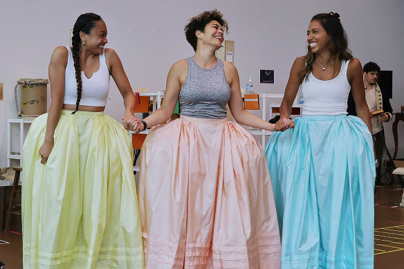 Sister act: Elandrah Eramiha (Peggy), Akina Edmonds (Angelica) and Chloé Zuel (Eliza) try out their costumes.
