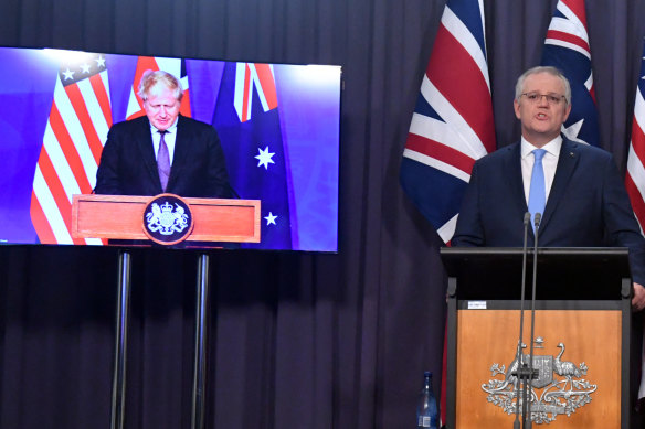 Scott Morrison with British PM Boris Johnson via video link at the announcement of the AUKUS pact in September.