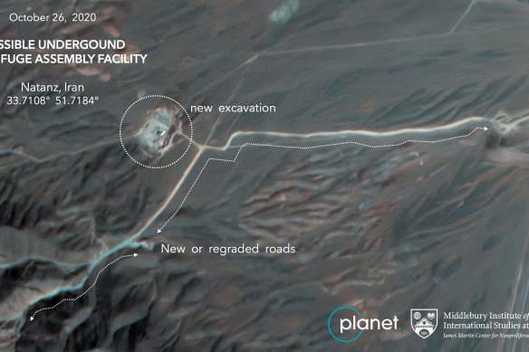A satellite image shows construction at Iran's Natanz uranium-enrichment facility that experts believe may be a new, underground centrifuge assembly plant. 