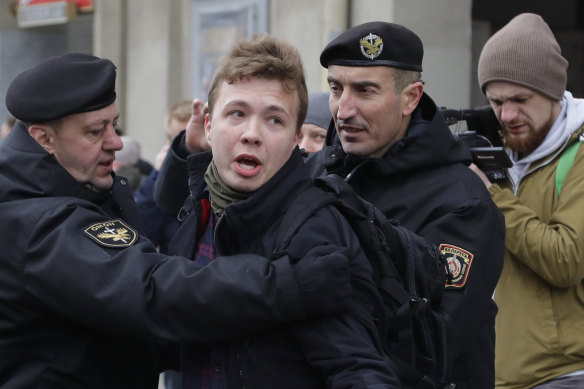 Roman Protasevich, pictured here being detained at a protest in Minsk in 2017, is a well-known opposition activist.