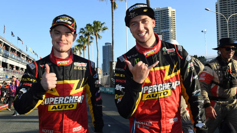 Thumbs up: Chaz Mostert, right, and James Moffat celebrate their first win since the corresponding race last year. 